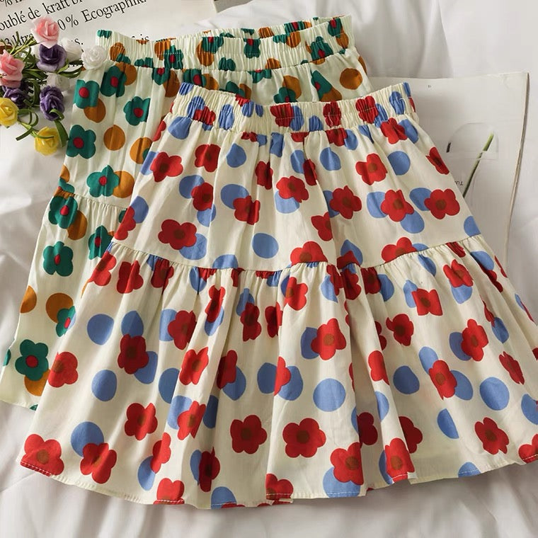 Patchwork high-waisted A-line skirt, printed polka dot skirt  3597