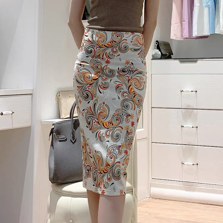 Vintage, ethnic style, printed skirt, hip slit stretch bodycon skirt  3539