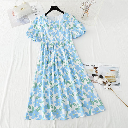 Robe en coton et lin à manches bouffantes, coupe vent douce, fleurs cassées, 4248