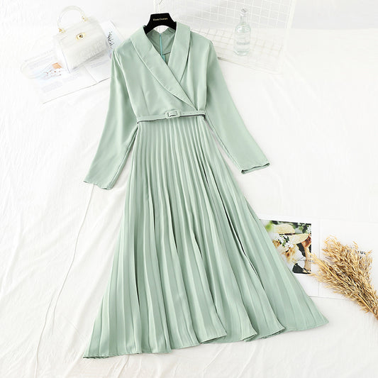 Slim waist, gentle wind dress, lapel, light familiar wind pleated skirt  3868