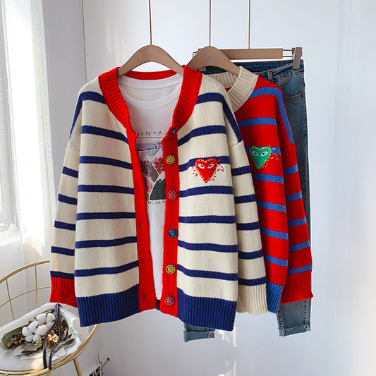 Striped sweater net red knitted cardigan  5074