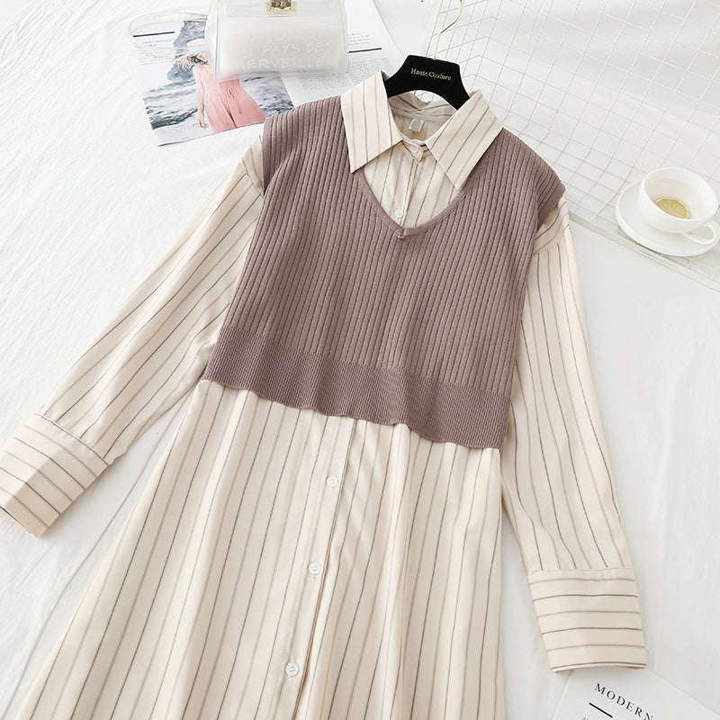 Striped shirt + knitted vest suit college English two piece set  3896