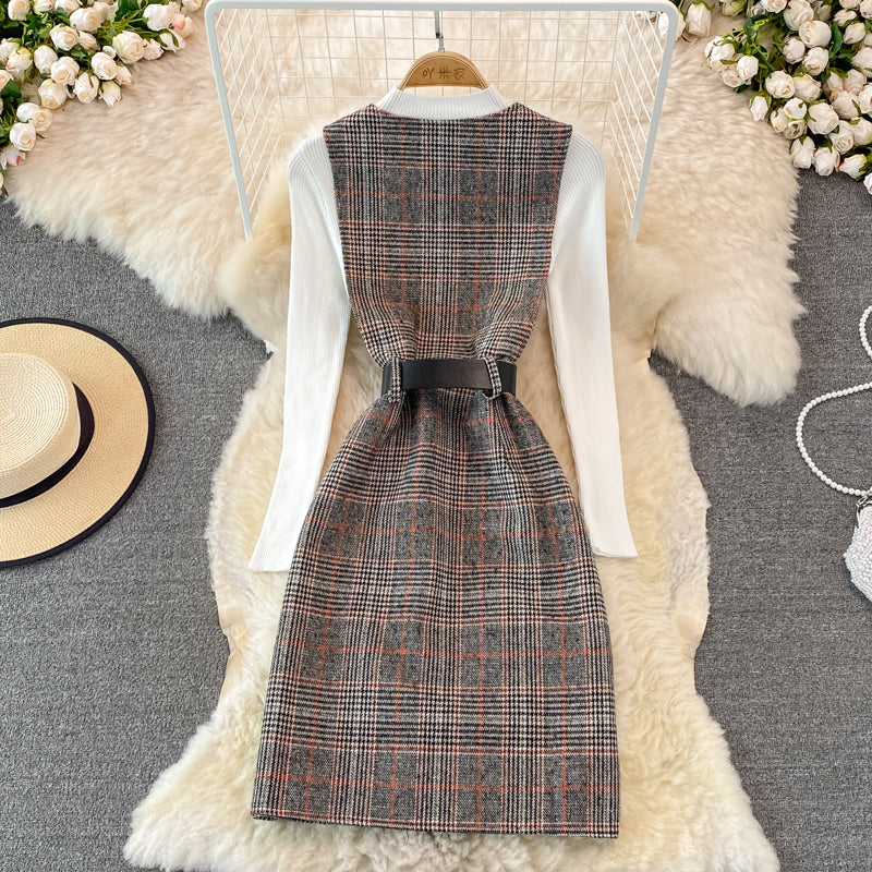 Woolen vest dress two piece stand collar knit bottoming shirt  3771