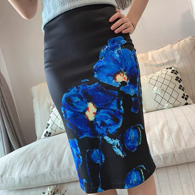 New style, high Fanny bodycon print skirt, ink painting slit stretch skirt  3536