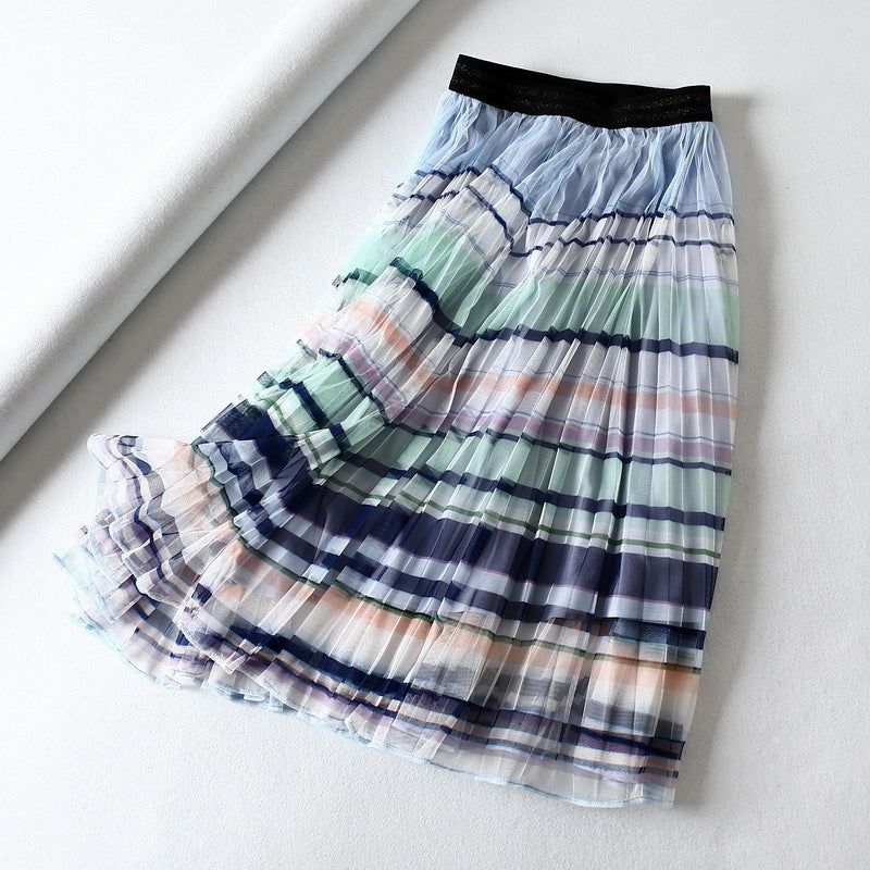 Women's wholesale new high waist rainbow stripe mesh pleated half skirt  3721