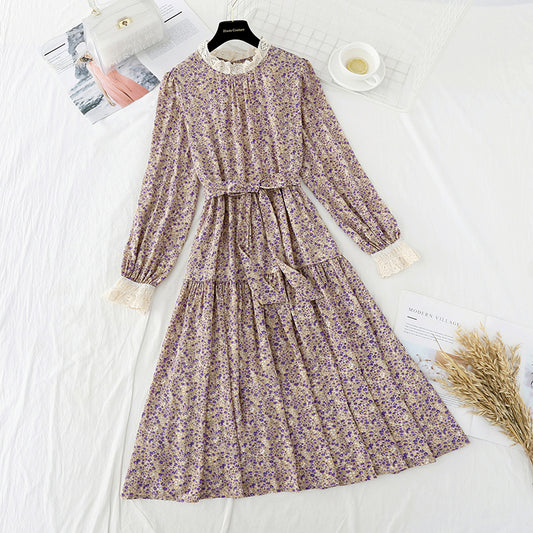 Retro waistband, slim temperament, gentle wind, Long Sleeve Chiffon Skirt  3893