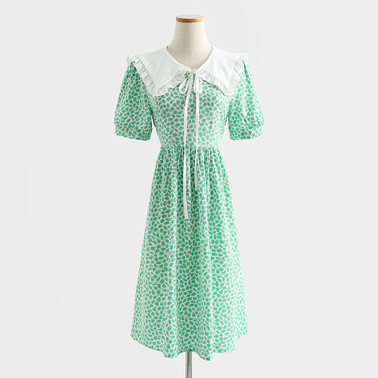 Robe fleurie en coton et lin à col poupée rétro française 4290