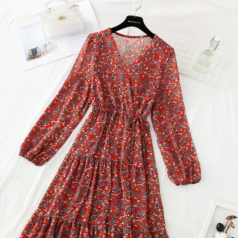 V-neck lace up waist Floral Dress  4798