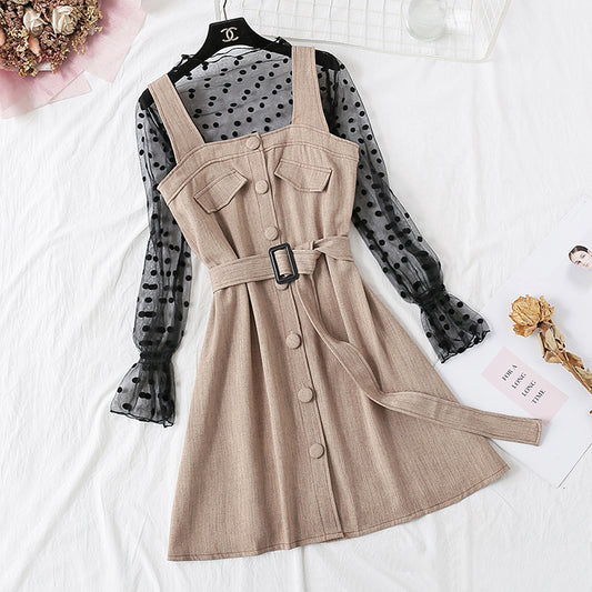 Suspender dress + Polka Dot mesh bottomed shirt set female  3863