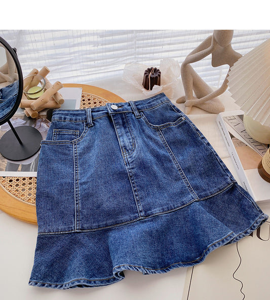 High waist denim wrap hip short skirt female fishtail skirt  5399