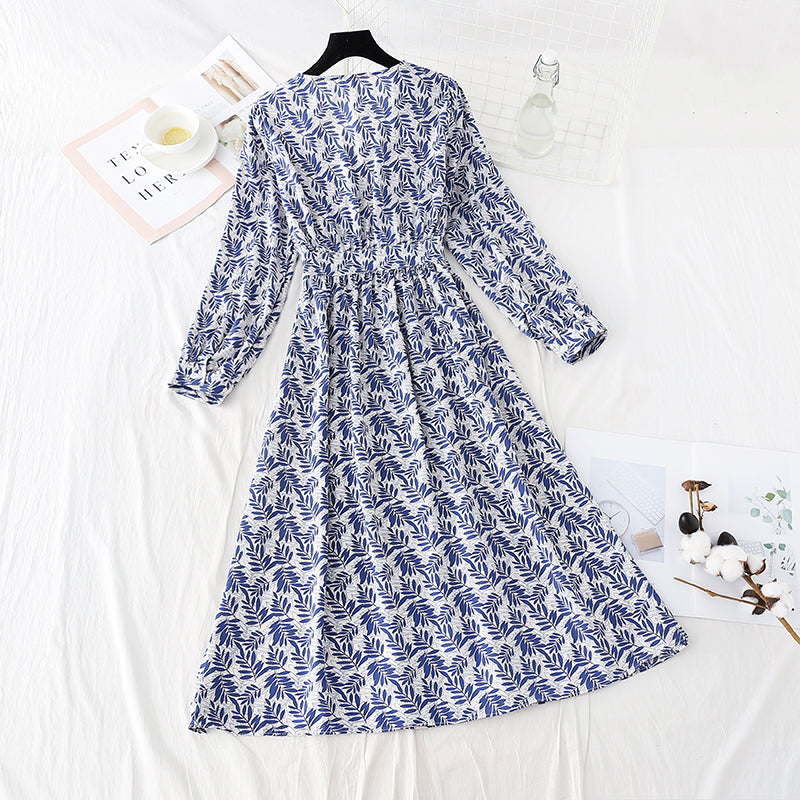 V-neck waist closing Chiffon Dress slim and light mature wind floral skirt  4806