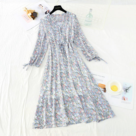 Waist lace up thin Chiffon gentle wind Floral Dress  3885