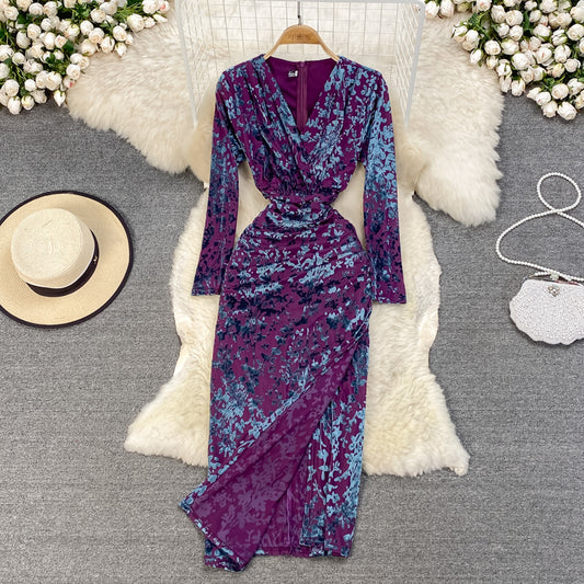 Slim, thin, split temperament, bronzed print V-neck dress  3767