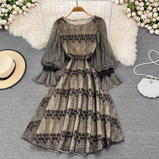 Chiffon stitched crew neck hollowed out embroidery lace dress  3776