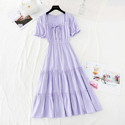 Robe de fée violette à col carré style rétro français 4169