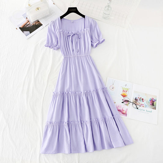 Robe de fée violette à col carré style rétro français 4169