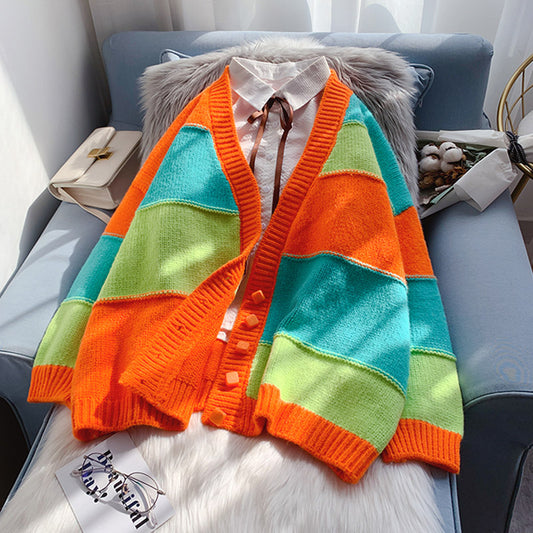 Color striped cardigan sweater fruit sweater coat  4959