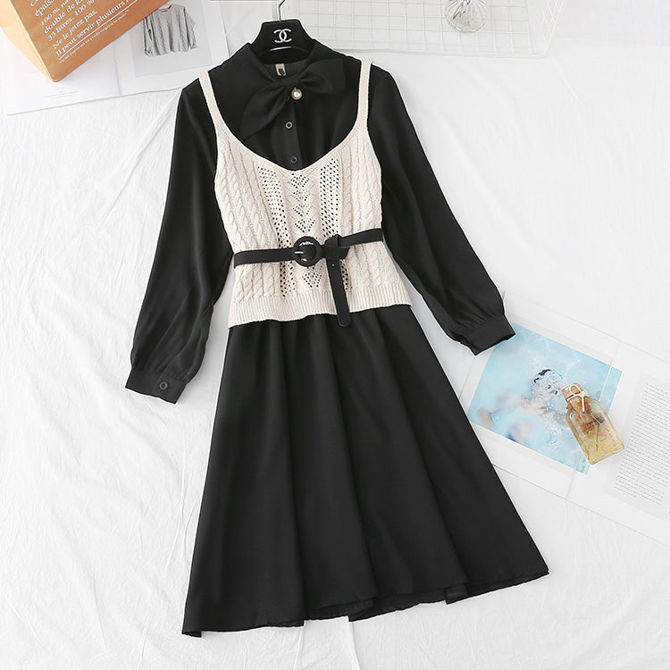 College style long sleeve bottomed skirt + suspender vest  3942