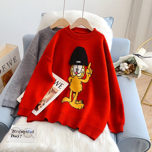 Red cute cartoon round neck sweater female  5142