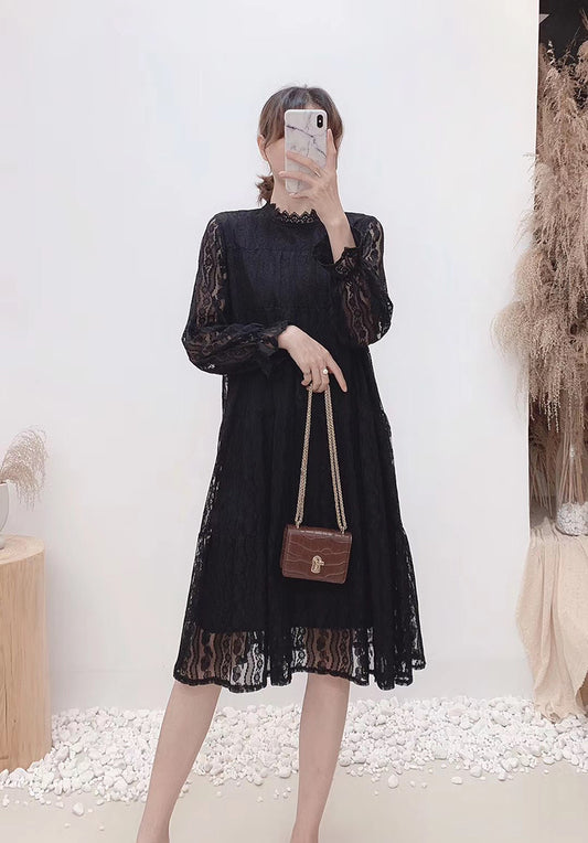 Hollow out lace long sleeve round neck high waist thin Fairy Dress  3872