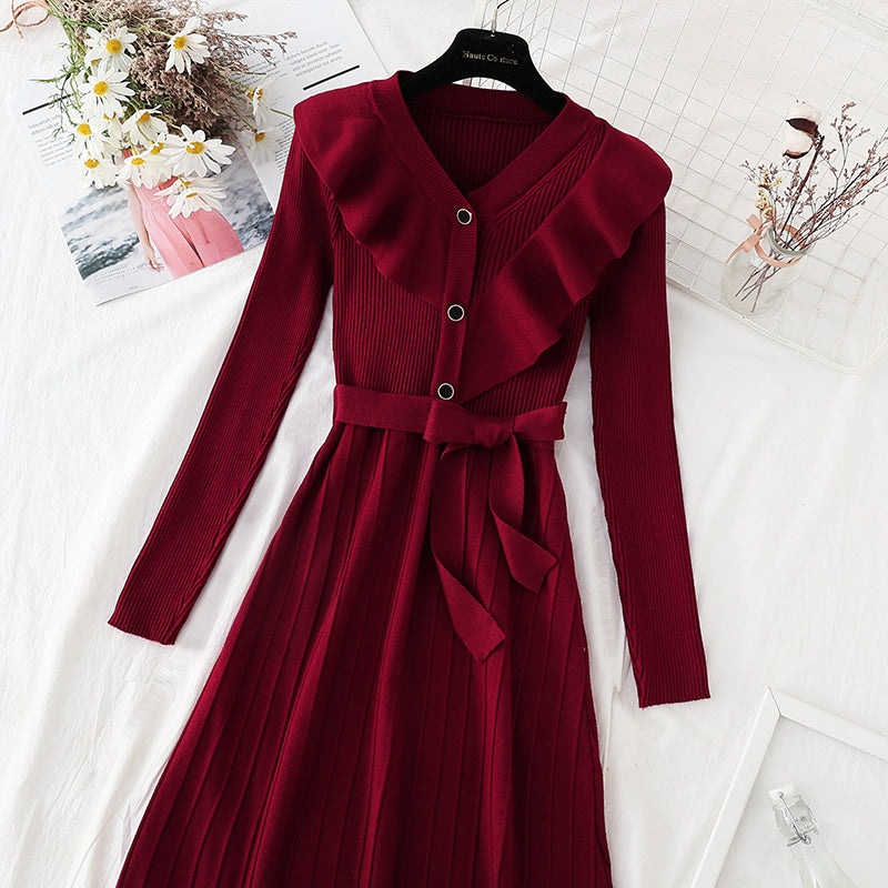 Ruffle lace up waist slim red dress  4068