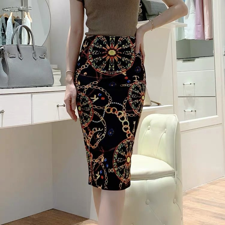 Personalized printed high-waist skirt, vintage stretch slit bodyocn skirt  3538