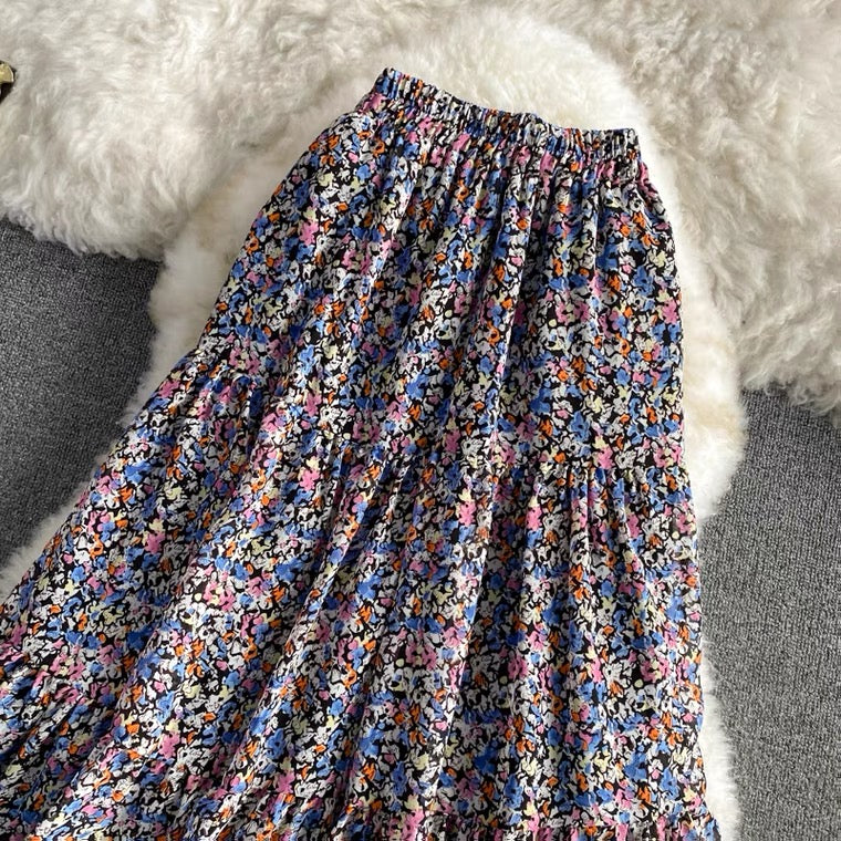 New style, high waist, elastic waist A-line vintage chiffon skirt, floral splicing midi skirt  3561