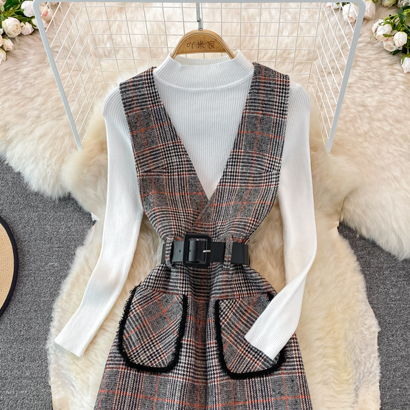 Woolen vest dress two piece stand collar knit bottoming shirt  3771