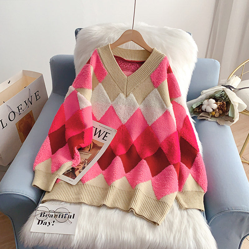 Lazy wind Lingge V-Neck Sweater Korean sweater  5128