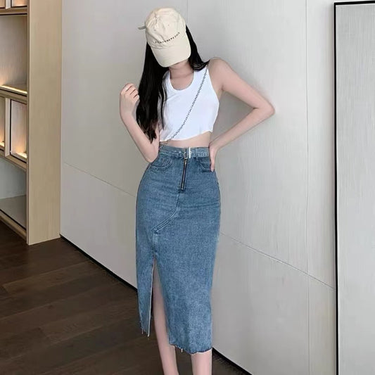 Split denim skirt, high waist, temperament bodycon skirt  3571