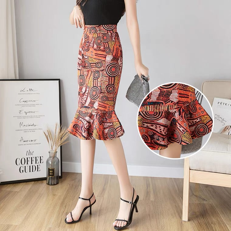 Vintage, new style, sexy fashion, large size high waist skirt, printed fish tail stretch skirt  3533