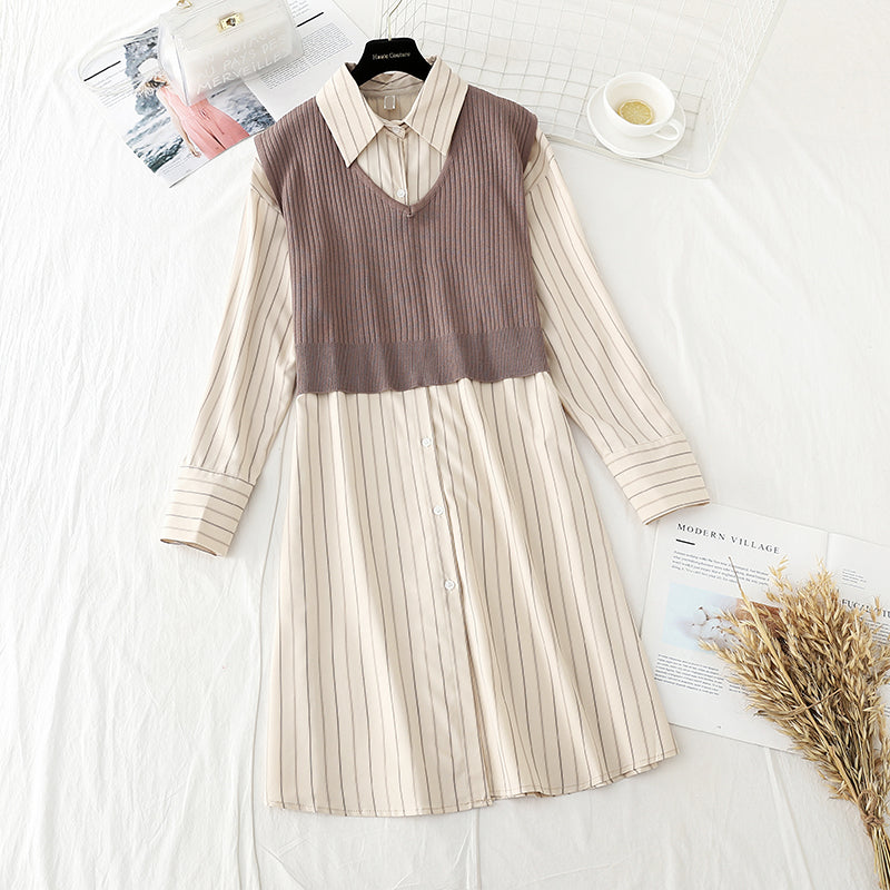 Striped shirt + knitted vest suit college English two piece set  3896