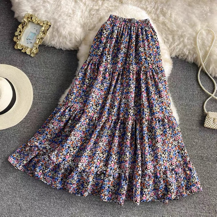 New style, high waist, elastic waist A-line vintage chiffon skirt, floral splicing midi skirt  3561