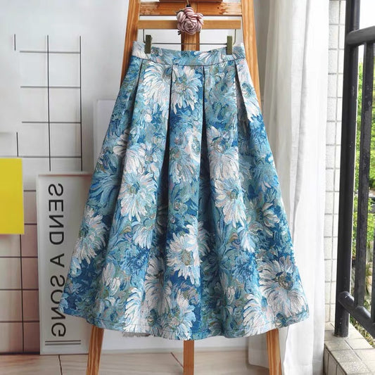 Jupe parapluie taille haute en jacquard peint, nouveau style, jupe brodée à l'huile en porcelaine bleue et blanche, jupe bouffante, jupe vintage 3546
