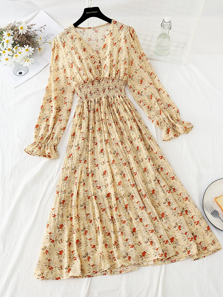 V-neck floral dress knee length skirt pleated skirt  4791