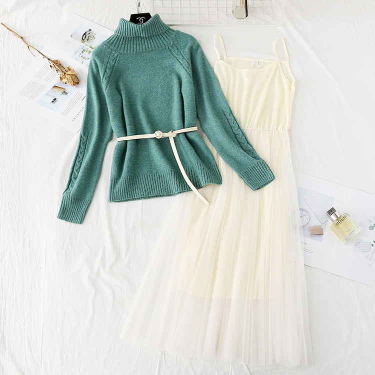 High neck sweater knitted dress mesh two-piece suit skirt  3960