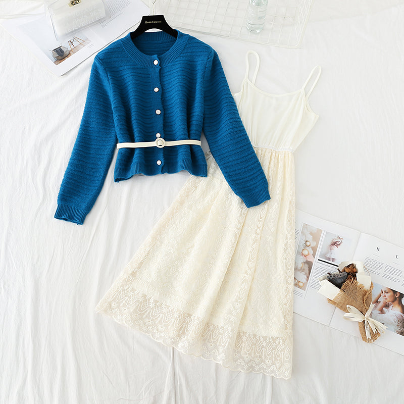 Sweater with lace skirt age reduction suit fashion two-piece suit  3735