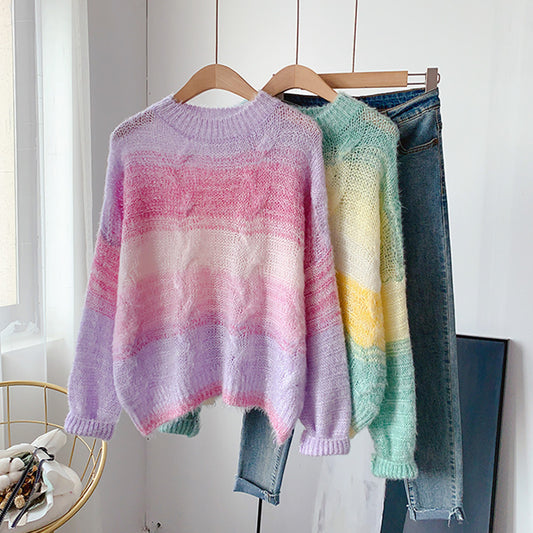 Gradient soft waxy color knitted Mohair loose Pullover Sweater  5078