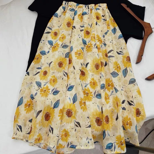 Summer, high grade dyeing, sunflower worsted, natural ramie, A-line long skirt  3569