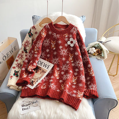 Vintage Red Christmas jacquard knitted sweater  4956