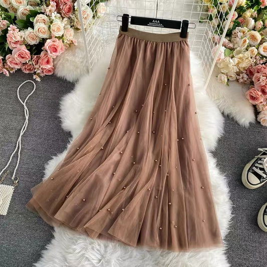 Nailbead tulle skirt, autumn and winter, new style, high waist, medium length, versatile, A-line super fairy skirt  3526