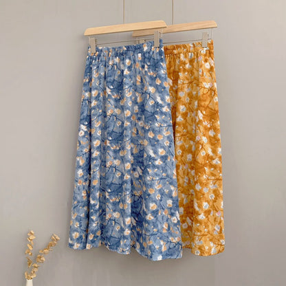 Oil painting style, blue skirt, spring/summer, new style, slim big A-line skirt  3564