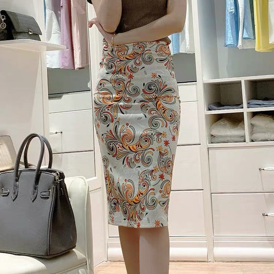 Vintage, ethnic style, printed skirt, hip slit stretch bodycon skirt  3539