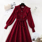 Thin wood ear lace up red dress female  4093