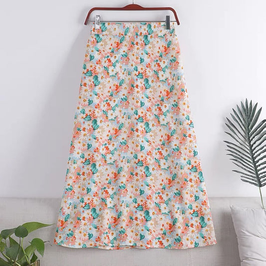 New style, small Daisy chiffon print A-line skirt, high waist full skirt, mid-length skirt  3560