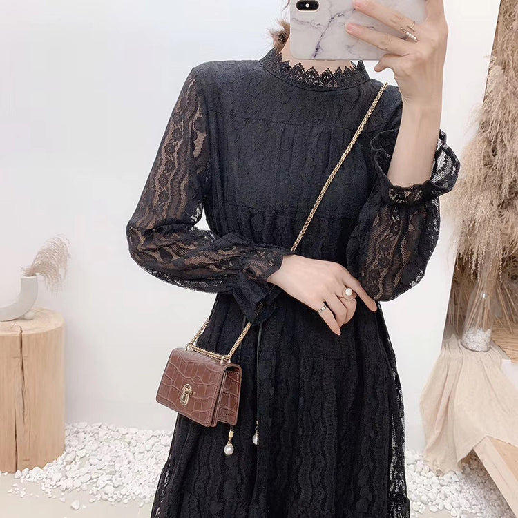 Hollow out lace long sleeve round neck high waist thin Fairy Dress  3872