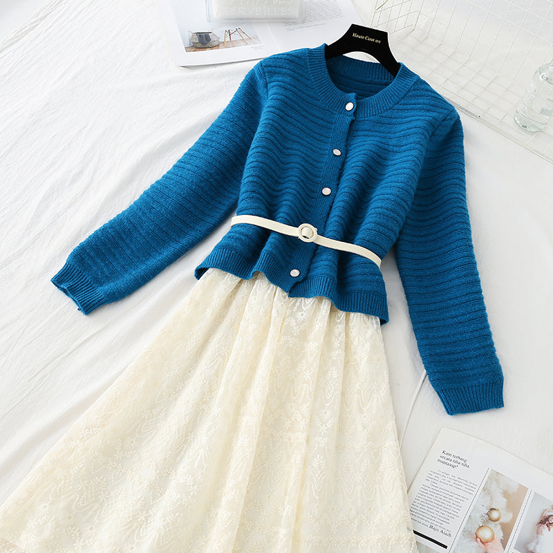 Sweater with lace skirt age reduction suit fashion two-piece suit  3735