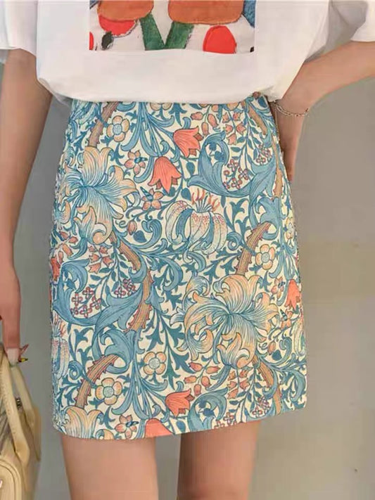 Oil painting broken flower skirt, summer, thin bodycon skirt,high waist midi skirt  3555