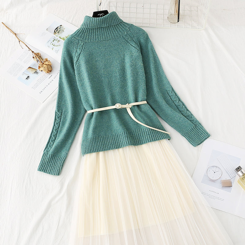 High neck sweater knitted dress mesh two-piece suit skirt  3960