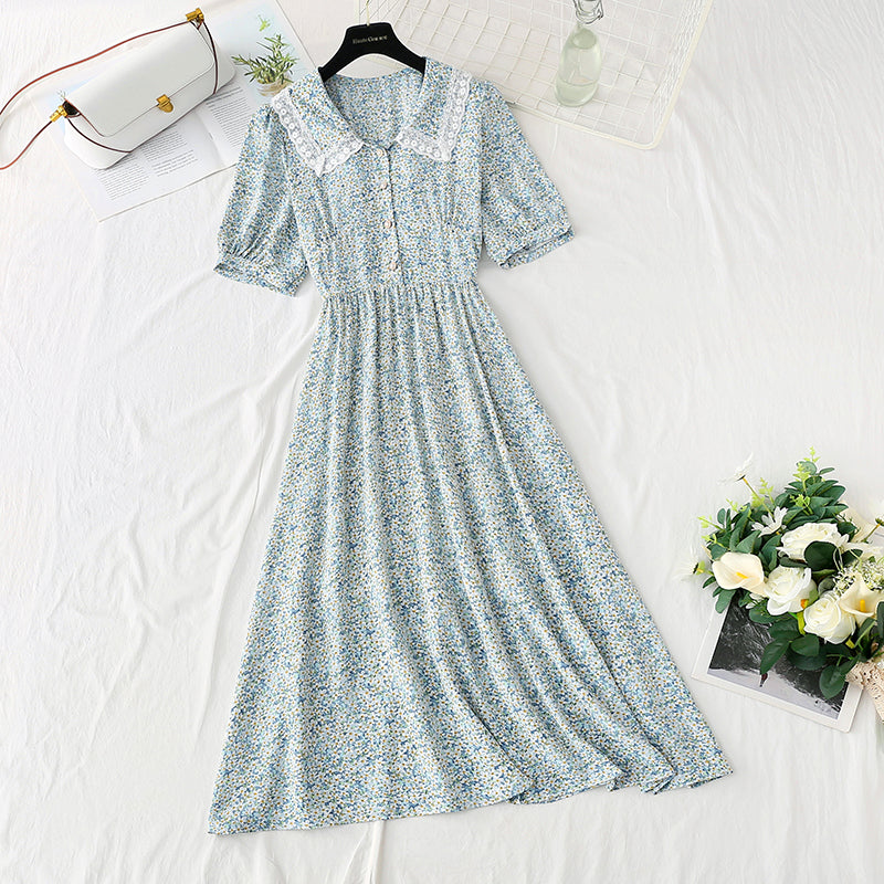 Sweet lace doll neck floral dress gentle wind dress  4856